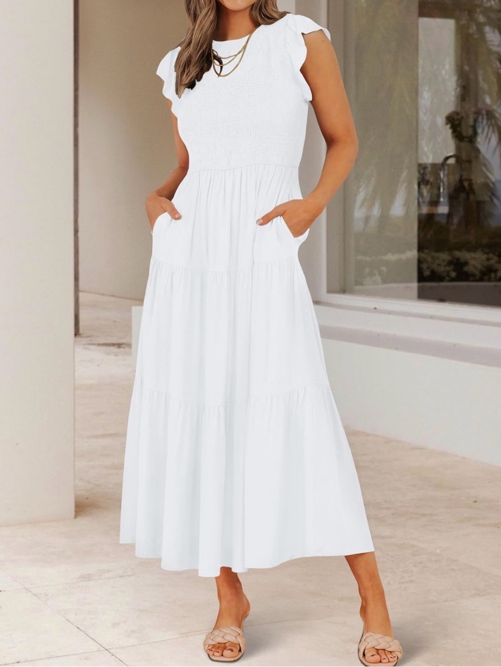 Zesica Flutter Short Sleeve Smocked Elastic Waist Tiered Midi Dress - Medium